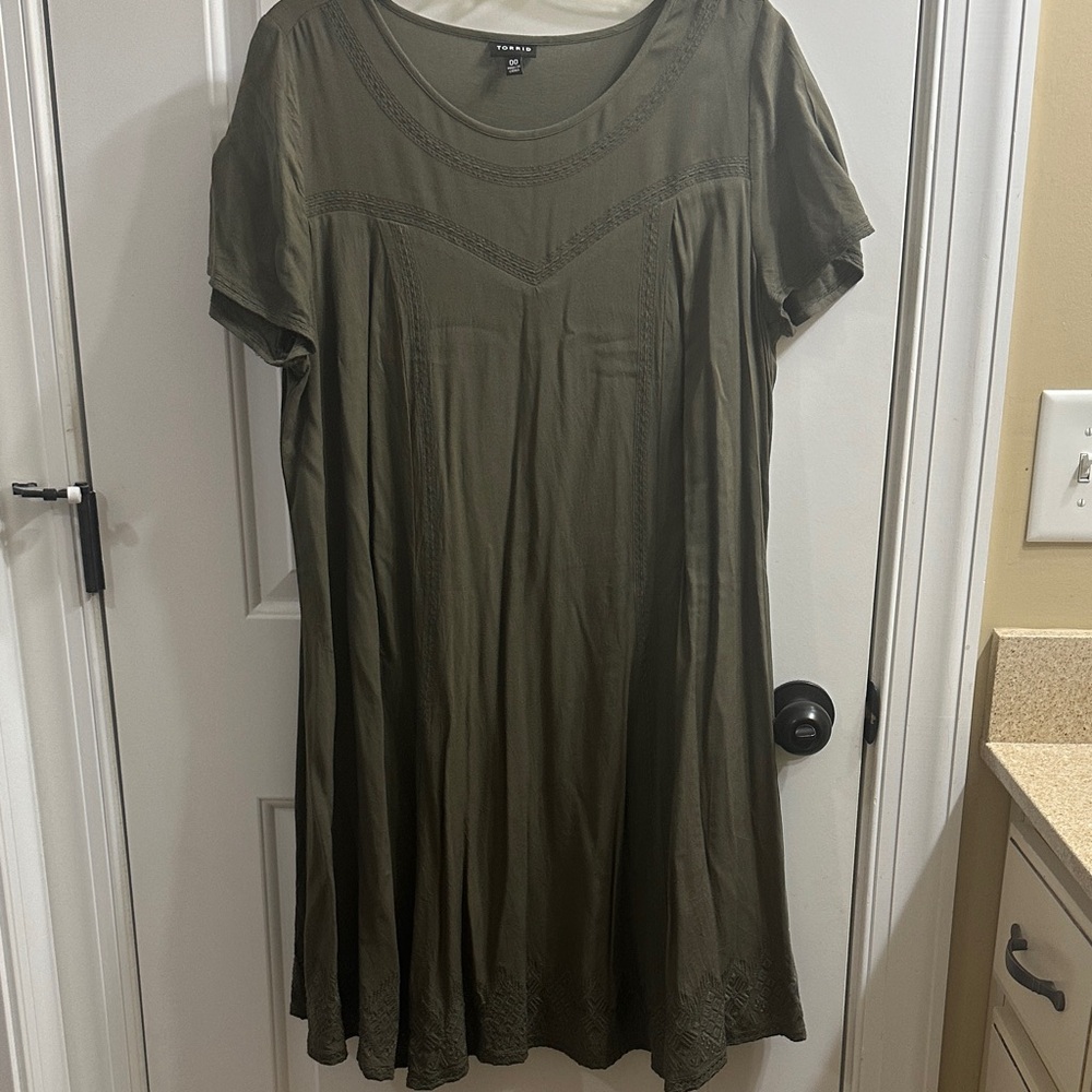 Torrid Olive Green Short Sleeve Dress with Tribal Embroidery Detail